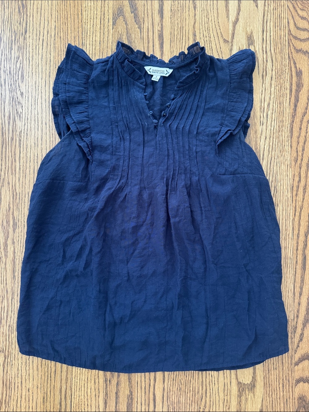 Nanette Lepore Navy Ruffle Pintuck Cap-Sleeve Blouse